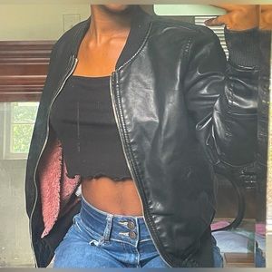 faux leather jacket w/ pink fur lining